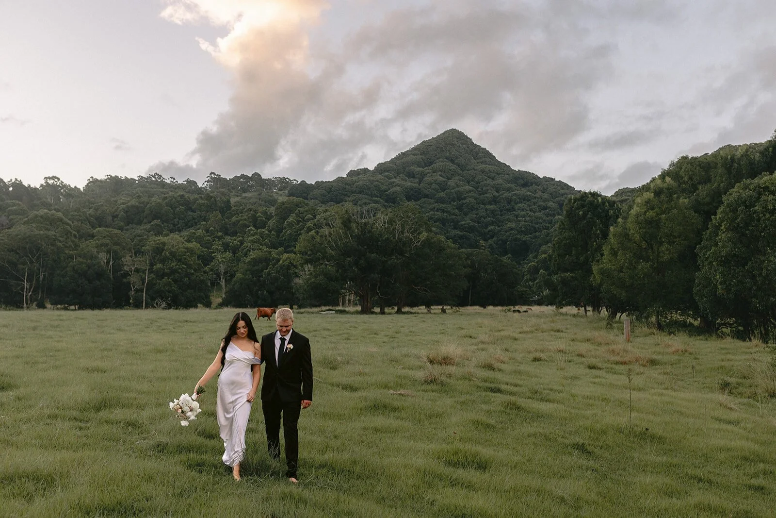Couple walking through the paddock at dusk, Kobi and Darren's elopement at Butterfly Lane, Byron Bay hinterland