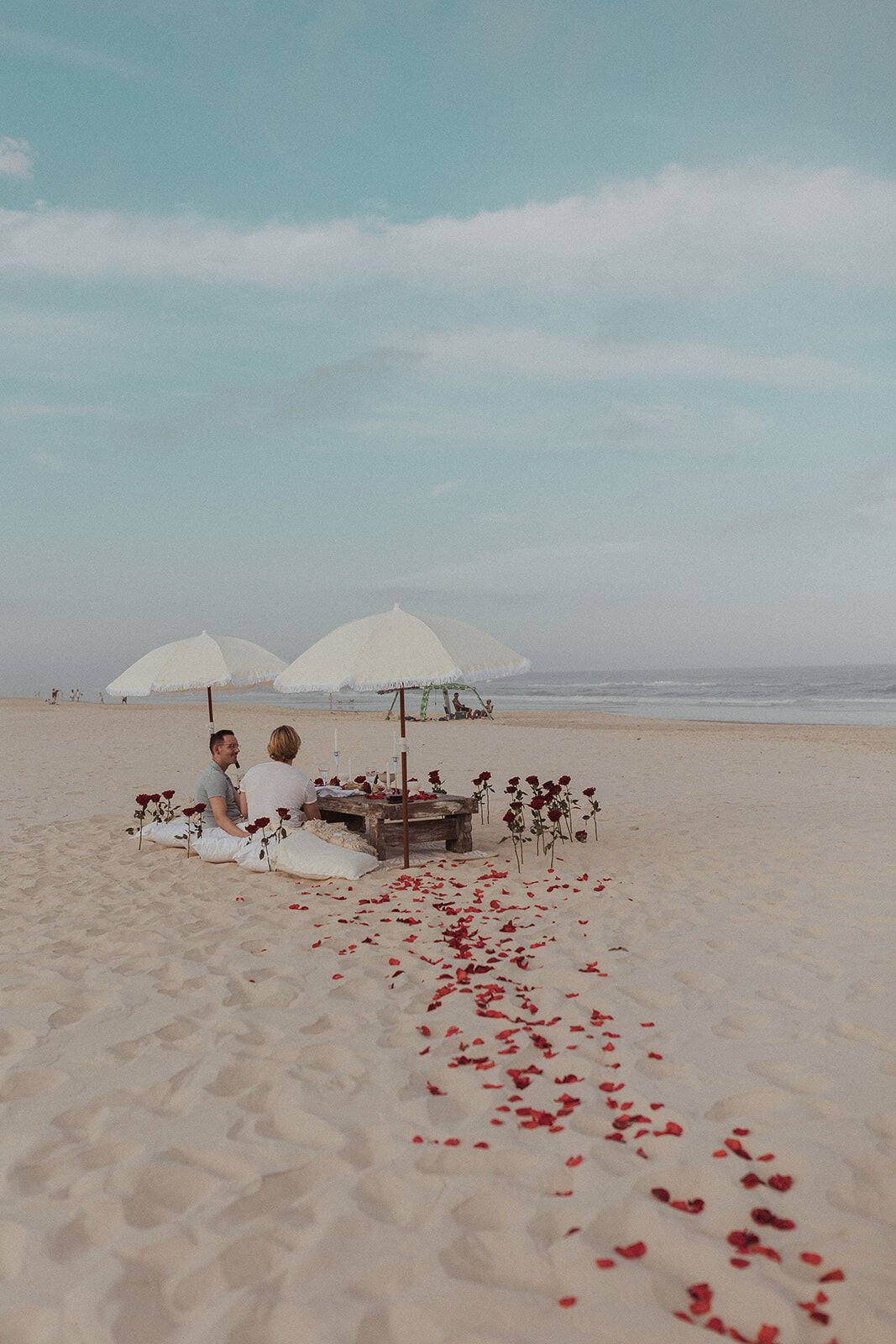 Trail of red rose petals leading across the sand to the beach picnic, Byron and Luke's marriage proposal at Cabarita Beach, Northern Rivers