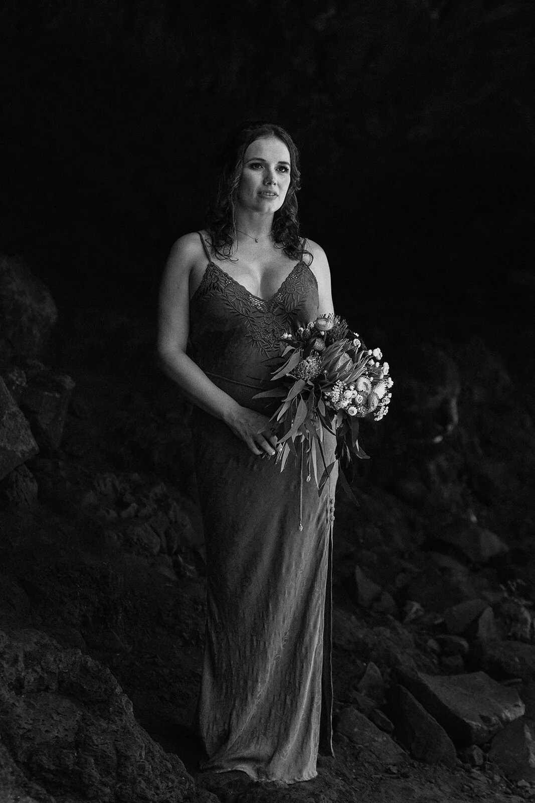 Black and white close portrait of the bride, Sara and Graeme's elopement at Killen Falls, Northern Rivers