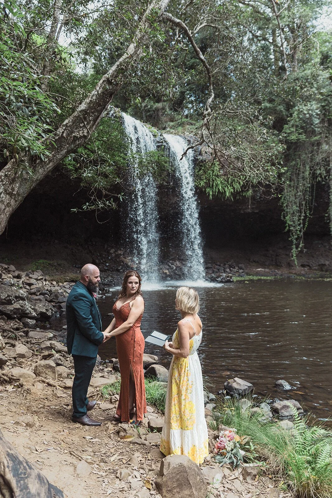 Couple and celebrant at Killen Falls, Sara and Graeme's elopement, Northern Rivers