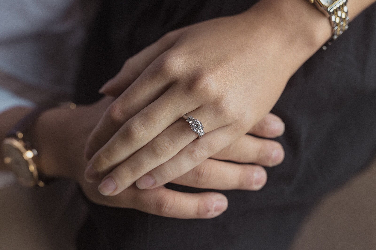 Close up of the engagement ring on her hand, Ben and Chloe's marriage proposal in Byron Bay