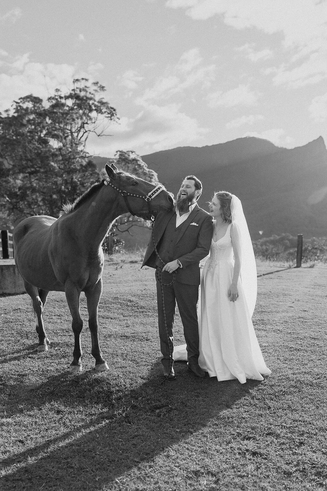 Black and white of the couple with a horse, Sam and Tom's elopement at Highfield Farm, Northern Rivers