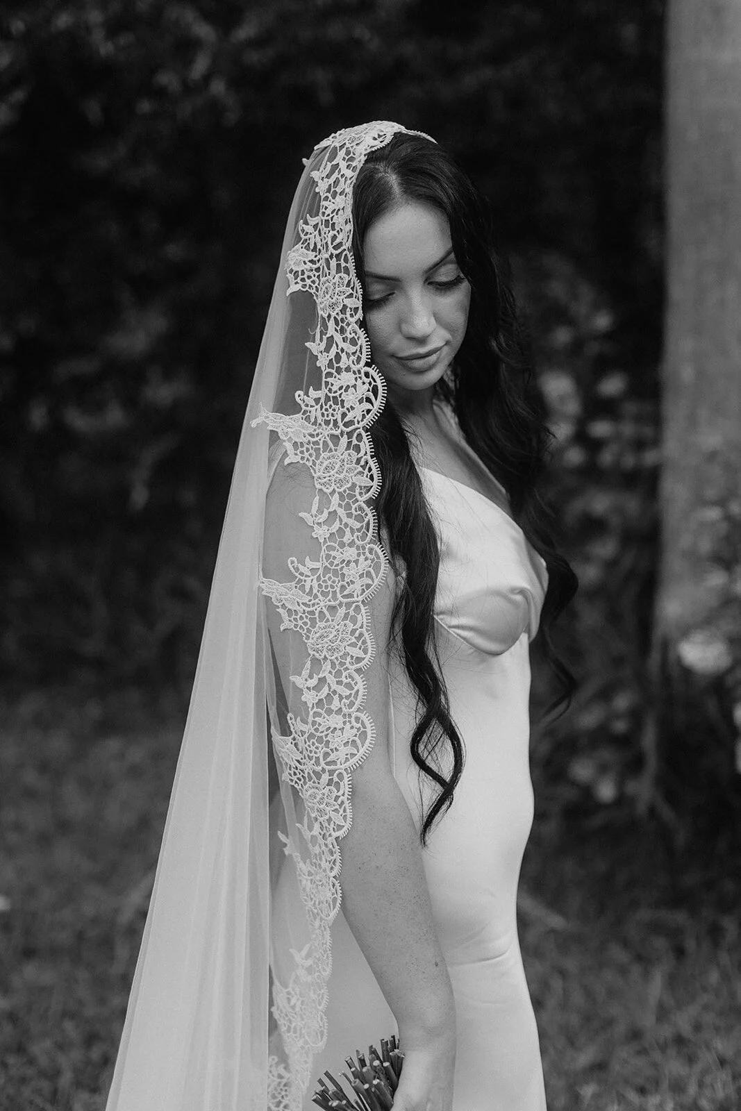 Black and white of the bride in a lace veil, Kobi and Darren's elopement at Butterfly Lane, Byron Bay hinterland