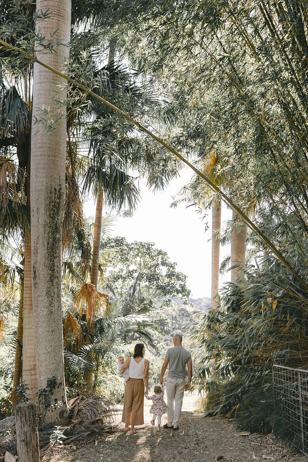 Parents walking with their toddler down a palm-lined path at golden hour