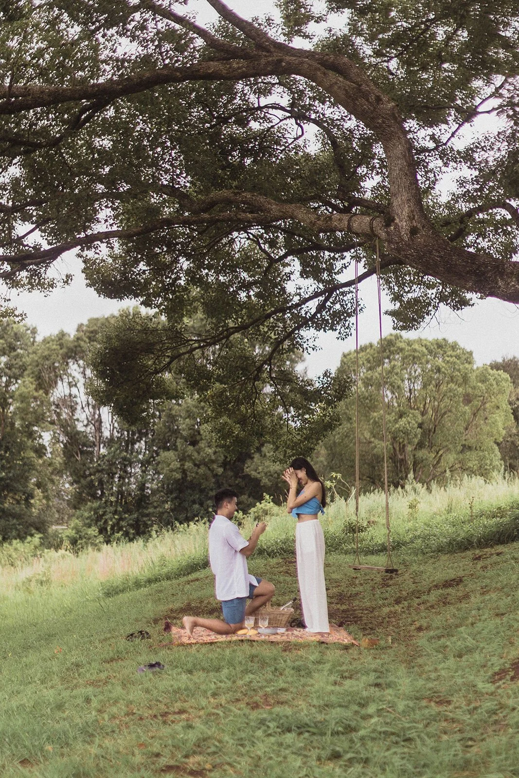 Man kneeling on the picnic rug to propose as the woman covers her face, Darien and Jacqui's picnic marriage proposal at Heartwood Farm, Byron Bay hinterland