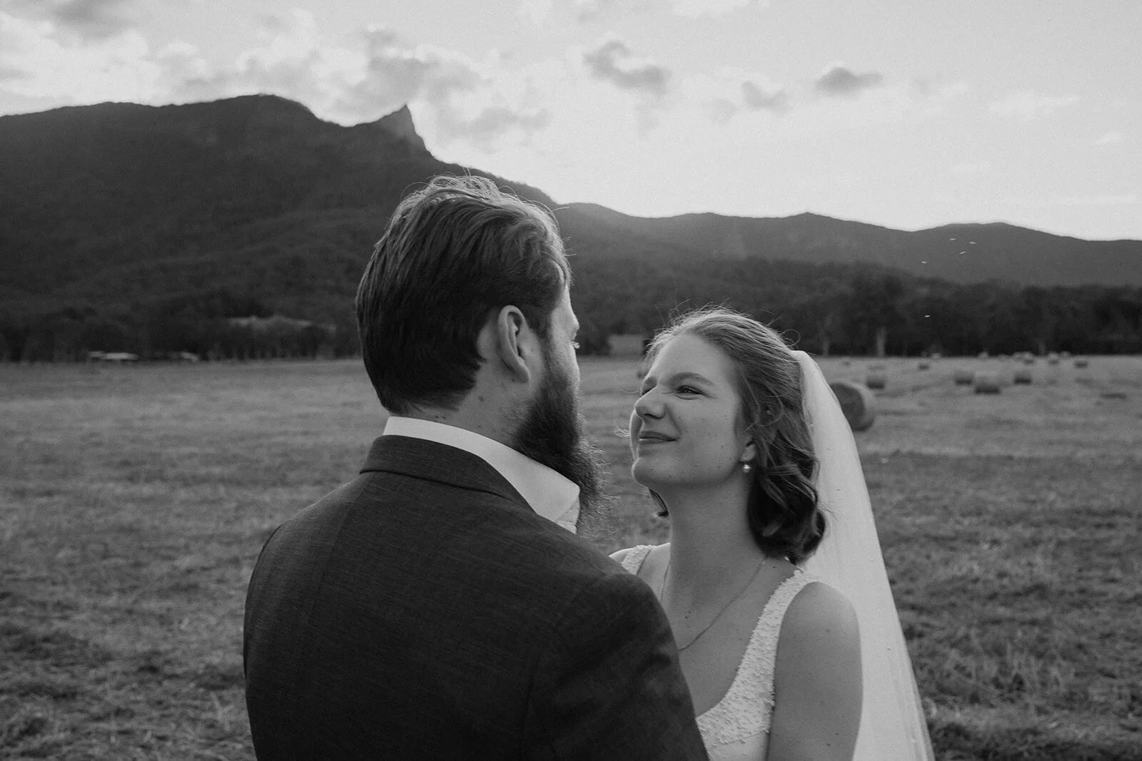 Black and white of the couple face to face, Sam and Tom's elopement at Highfield Farm, Northern Rivers