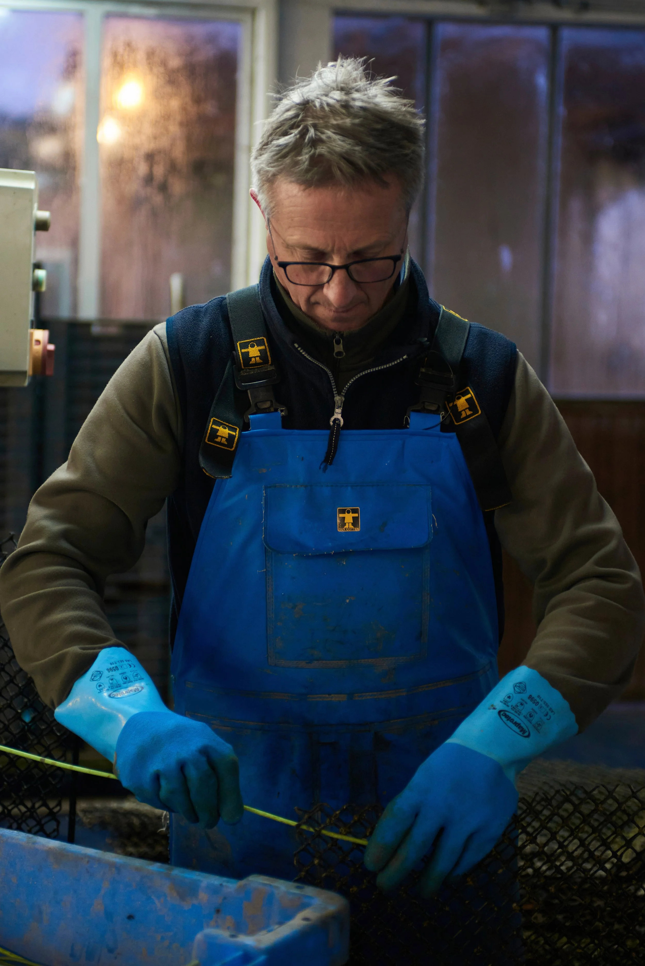Un homme portant des gants en caoutchouc, un sac à dos et un tablier bleu,vrier un oiseau en faisant une démonstration dans un environnement intérieur