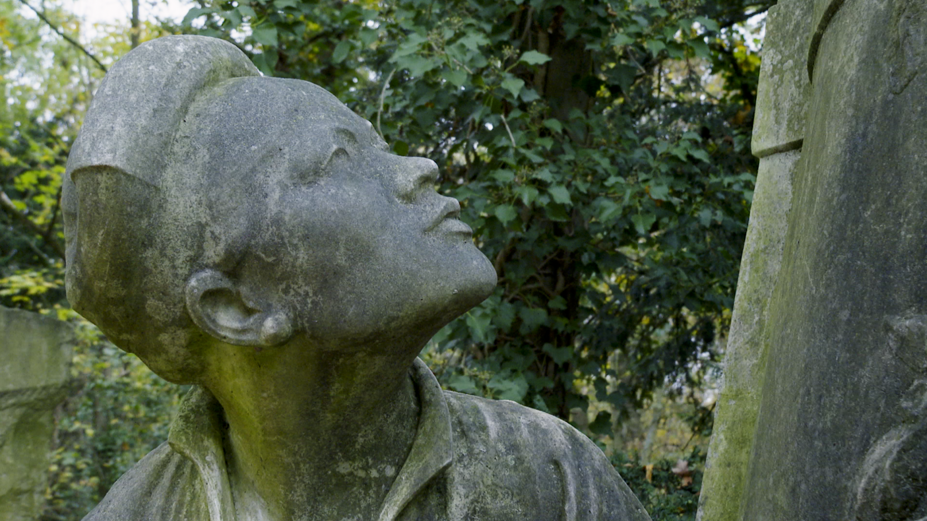 Statue de pierre d'un homme jeune regardant vers le haut, entourée de végétation.