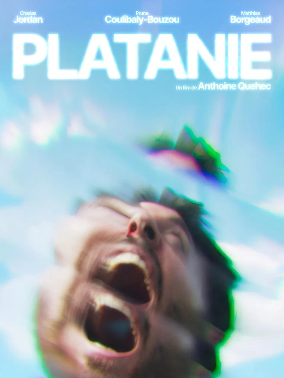 Affiche du film 'Platanie' de Charles Jordan et Matthias Borgeaud, réalisé par Antoine Quehec, montrant une personne avec une expression de cri ou de rage, la tête tournée en arrière, dans un style couleurs vives et floues.