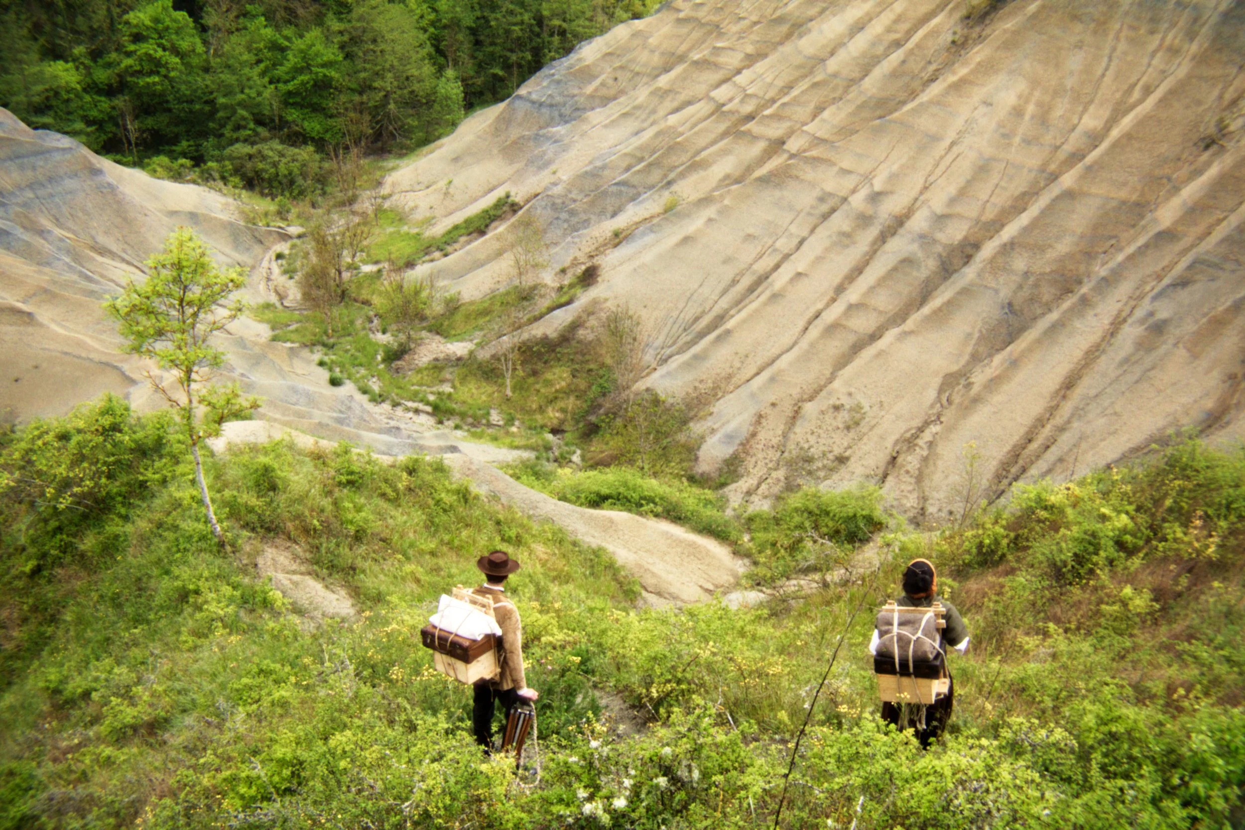 Deux personnes munies de sacs à dos explorent un canyon par un sentier serpentant au milieu de la végétation verte, avec d'immenses parois rocheuses sur les côtés.