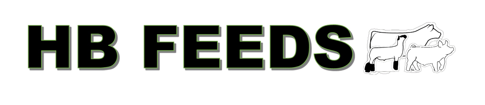 Bold lettered logo reading 'HB FEEDS' with a graphic of three pigs to the right.