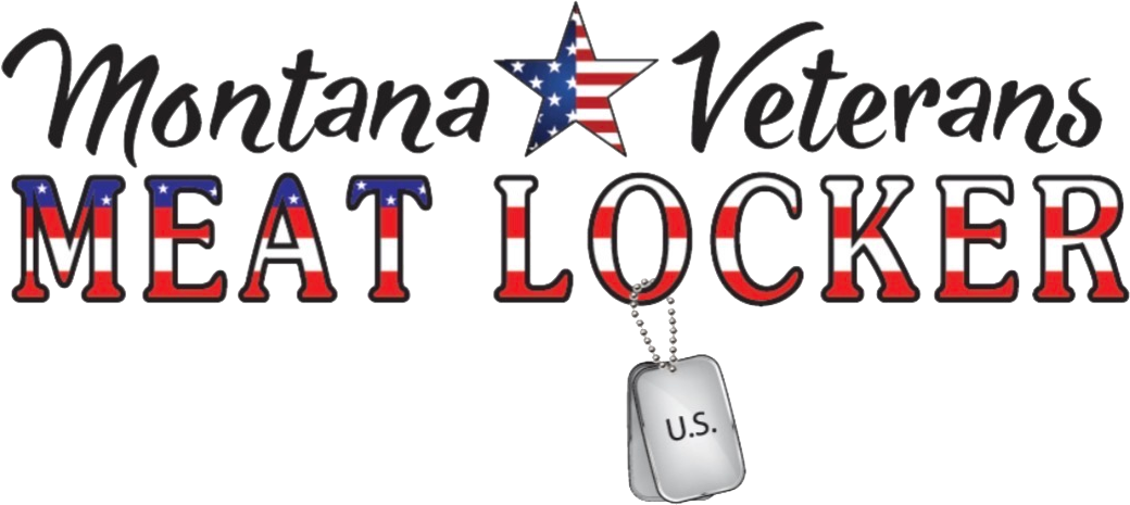 Text reading 'Montana Veterans Meat Locker' with a star featuring the American flag pattern, dog tags, and patriotic colors.