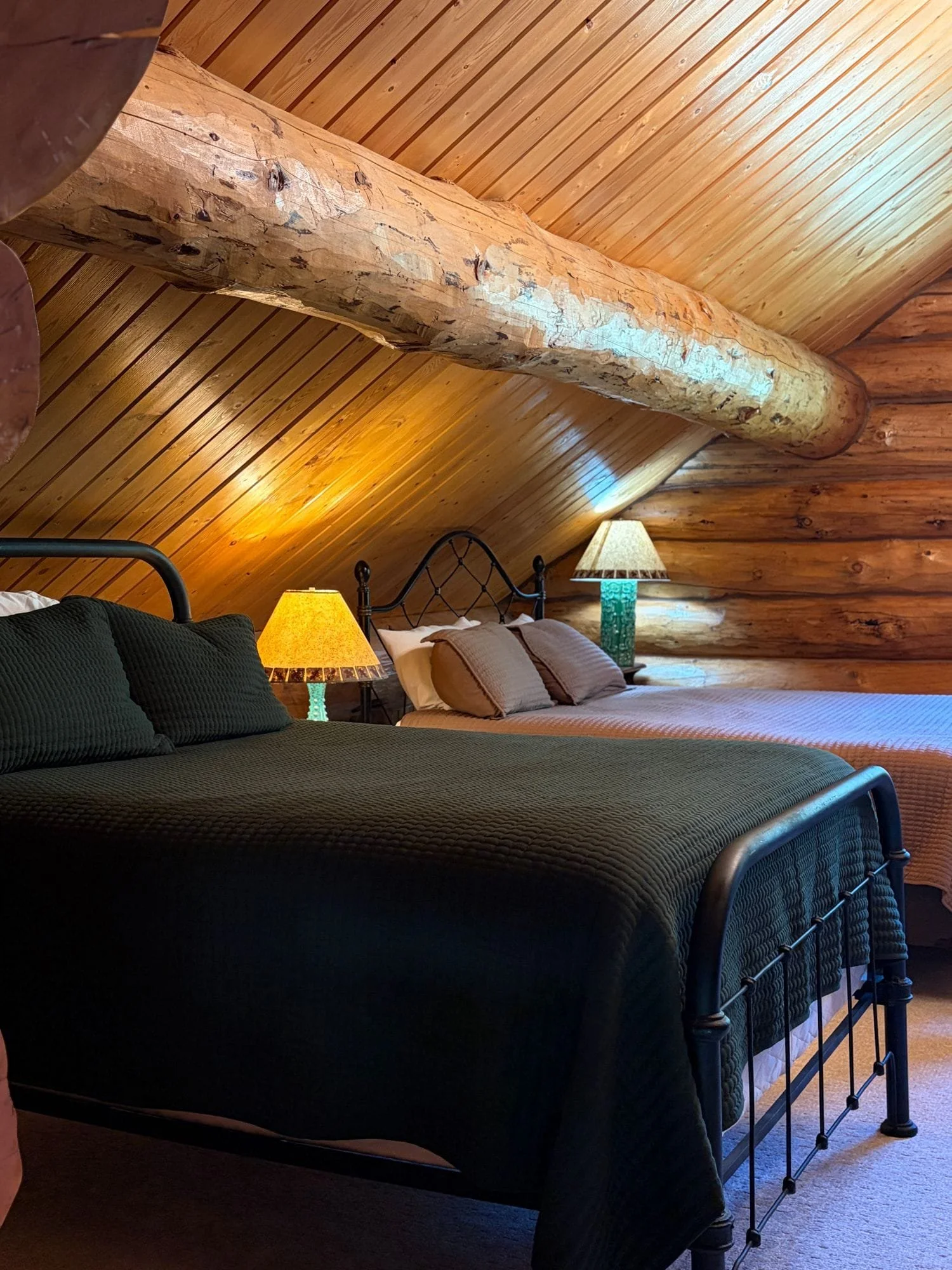 Bedroom with wooden log ceiling and walls, black metal bed frame, two bedside lamps, and a bed with beige and brown pillows and bedspread.