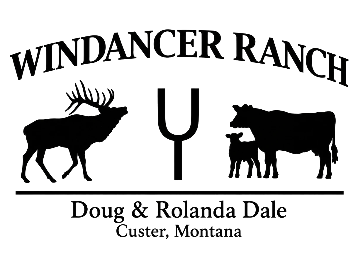 Black and white logo with the words 'Windancer Ranch' at the top. The logo features silhouettes of a large elk with antlers on the left, a cow and calves on the right, and a 'Y' shaped symbol in the middle. Below, it says 'Doug & Rolanda Dale' and 'Custer, Montana'.
