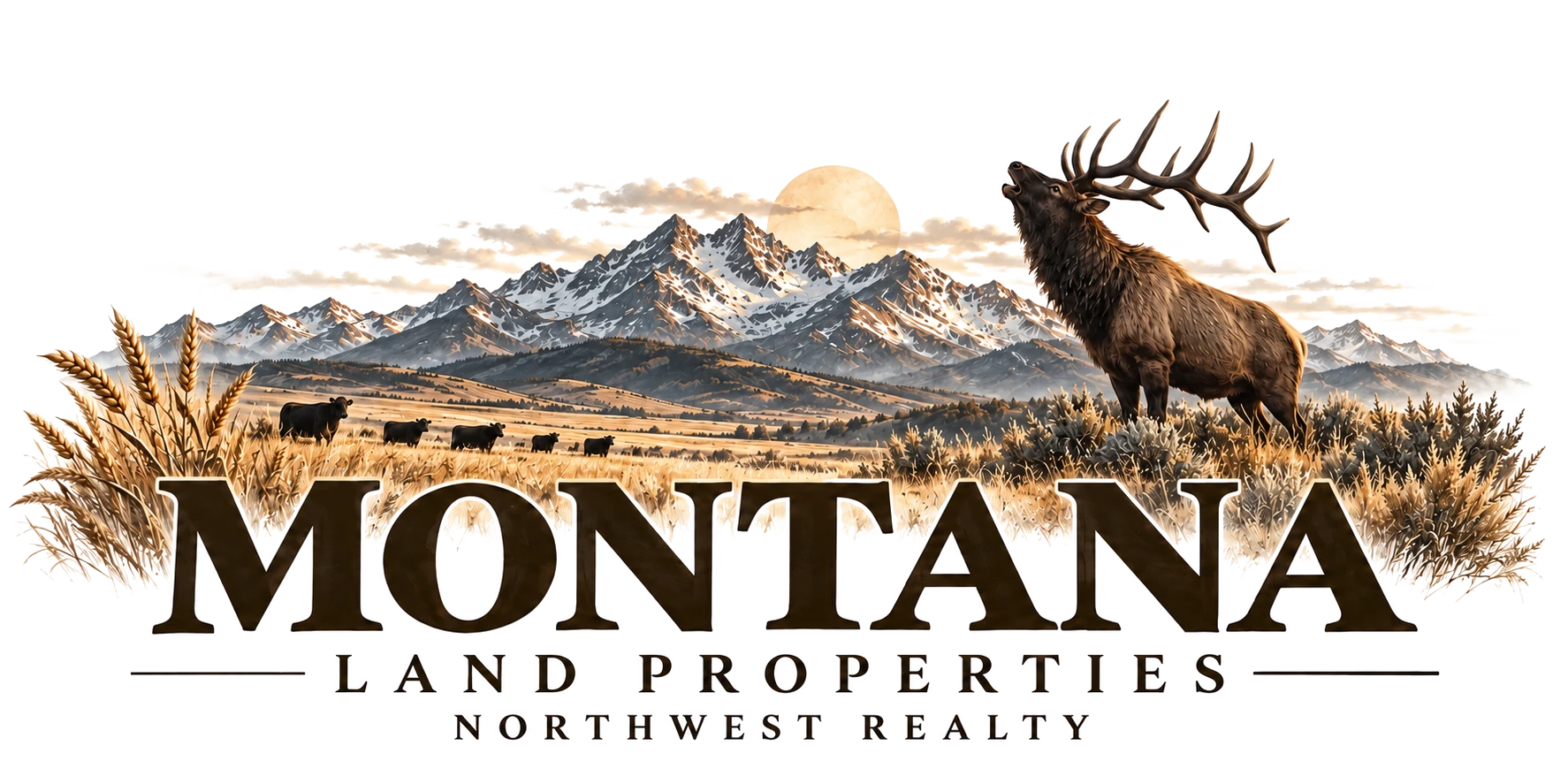 An illustration featuring snow-capped mountains, a large soaring elk, a field with cows, tall grasses, a setting sun, and the text 'Montana Land Properties Northwest Realty'.
