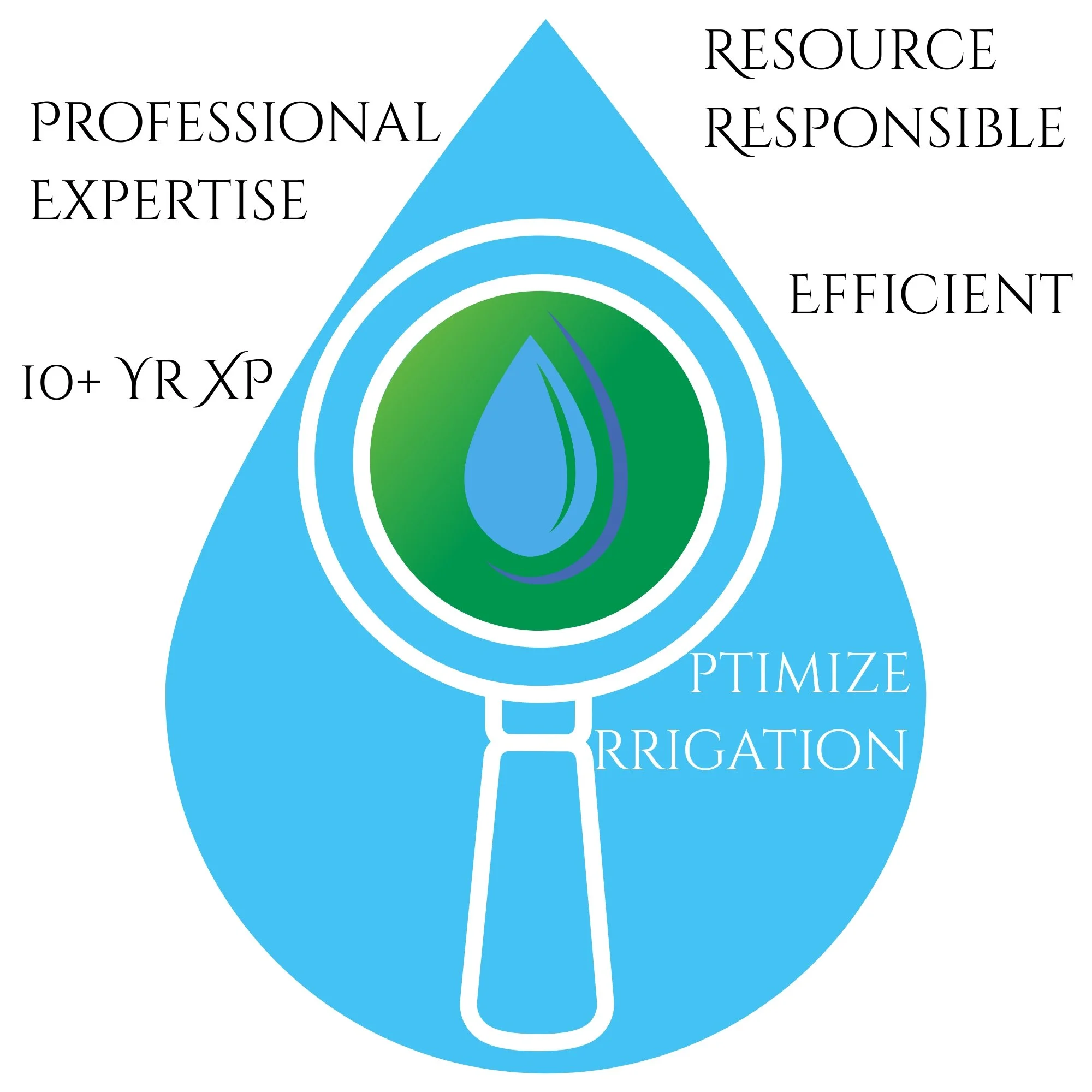 A graphic with a blue background and a water droplet design at the center, containing text that reads 'Professional Expertise,' 'Resource Responsible,' 'Efficient,' 'Ten Years Experience,' and 'Optimize Irrigation,'
