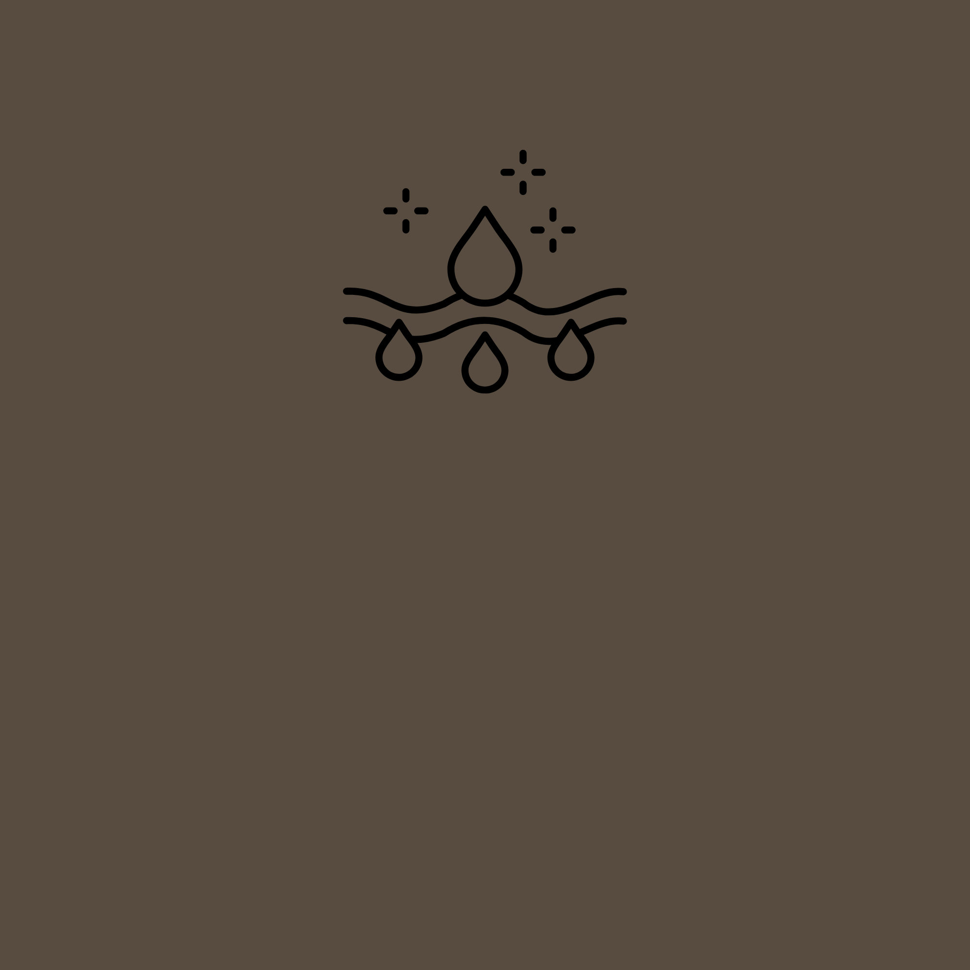 Black line drawing of a water droplet with sparkles and water drops underneath, set against a plain taupe background.