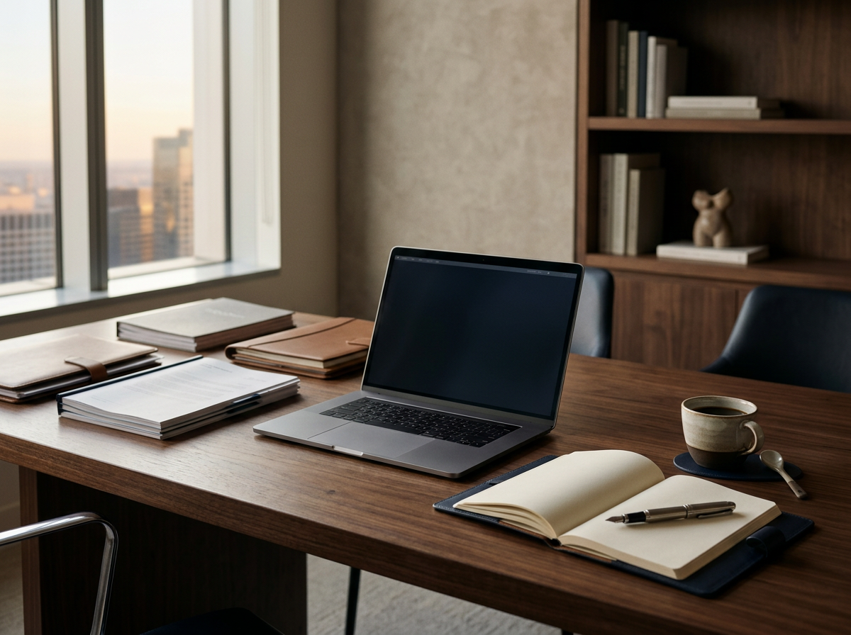 Professional workspace with laptop, notebook, and financial documents