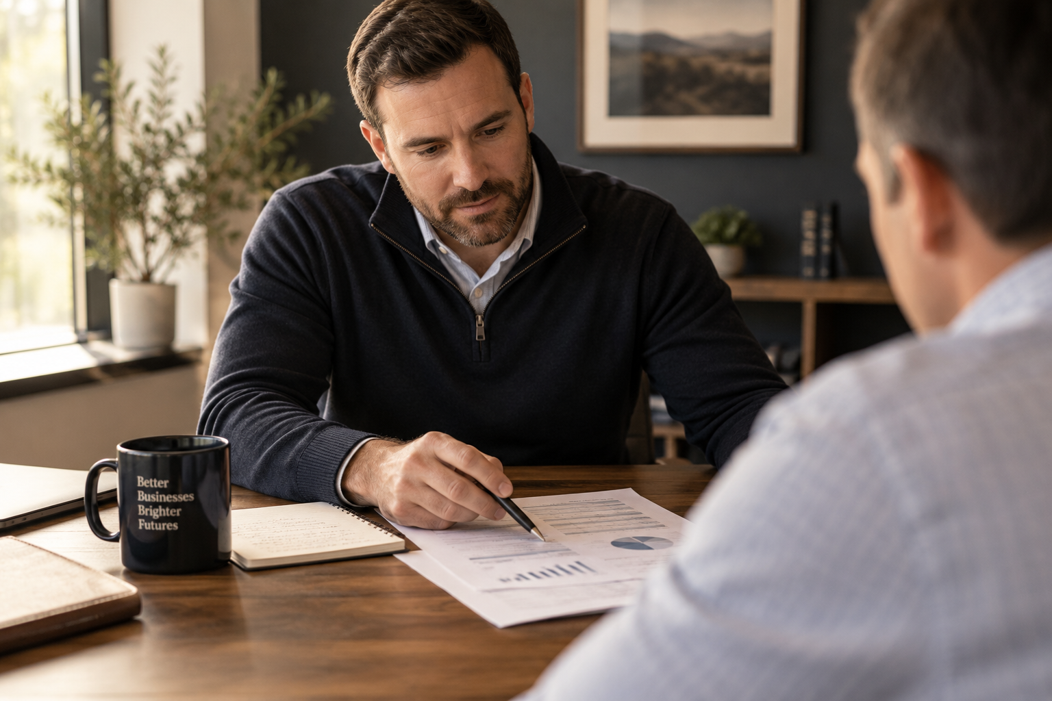 Financial advisor reviewing business information with a client