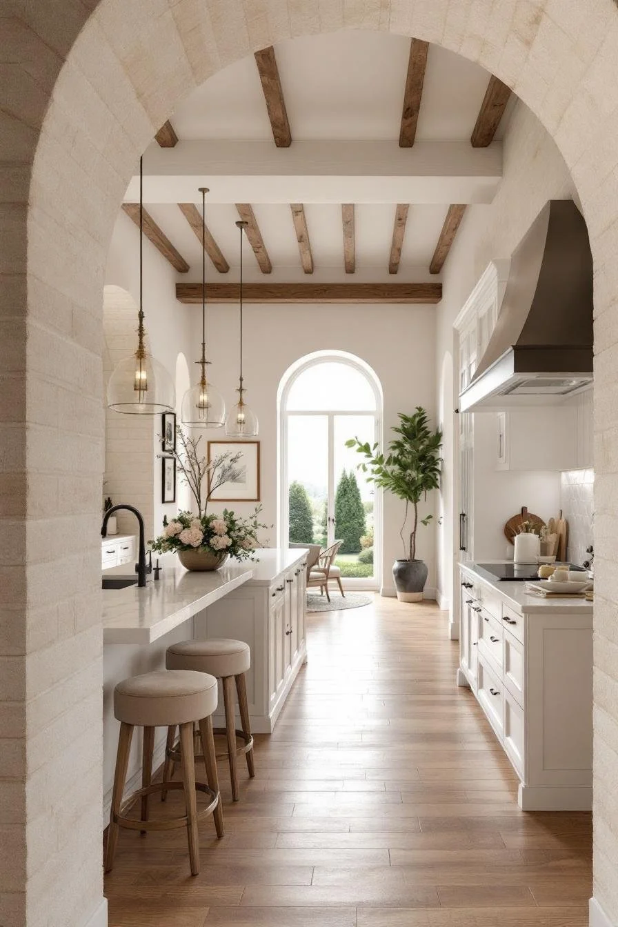 A bright, airy kitchen with white cabinetry, wooden ceiling beams, pendant lighting, a large arched window, and a view of greenery outside.