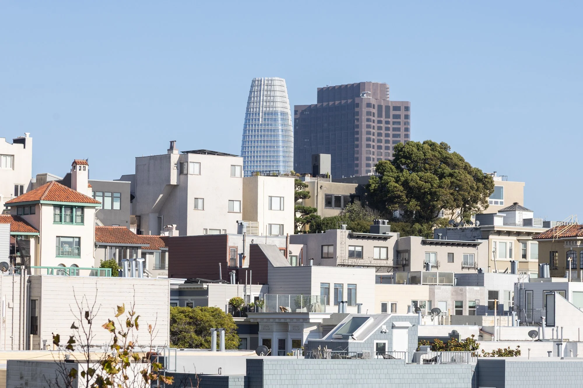 City skyline with various residential buildings in the foreground, including white and beige houses with red and gray roofs. Tall modern skyscrapers, including the Salesforce Tower, are visible in the background against a clear blue sky, with some tr