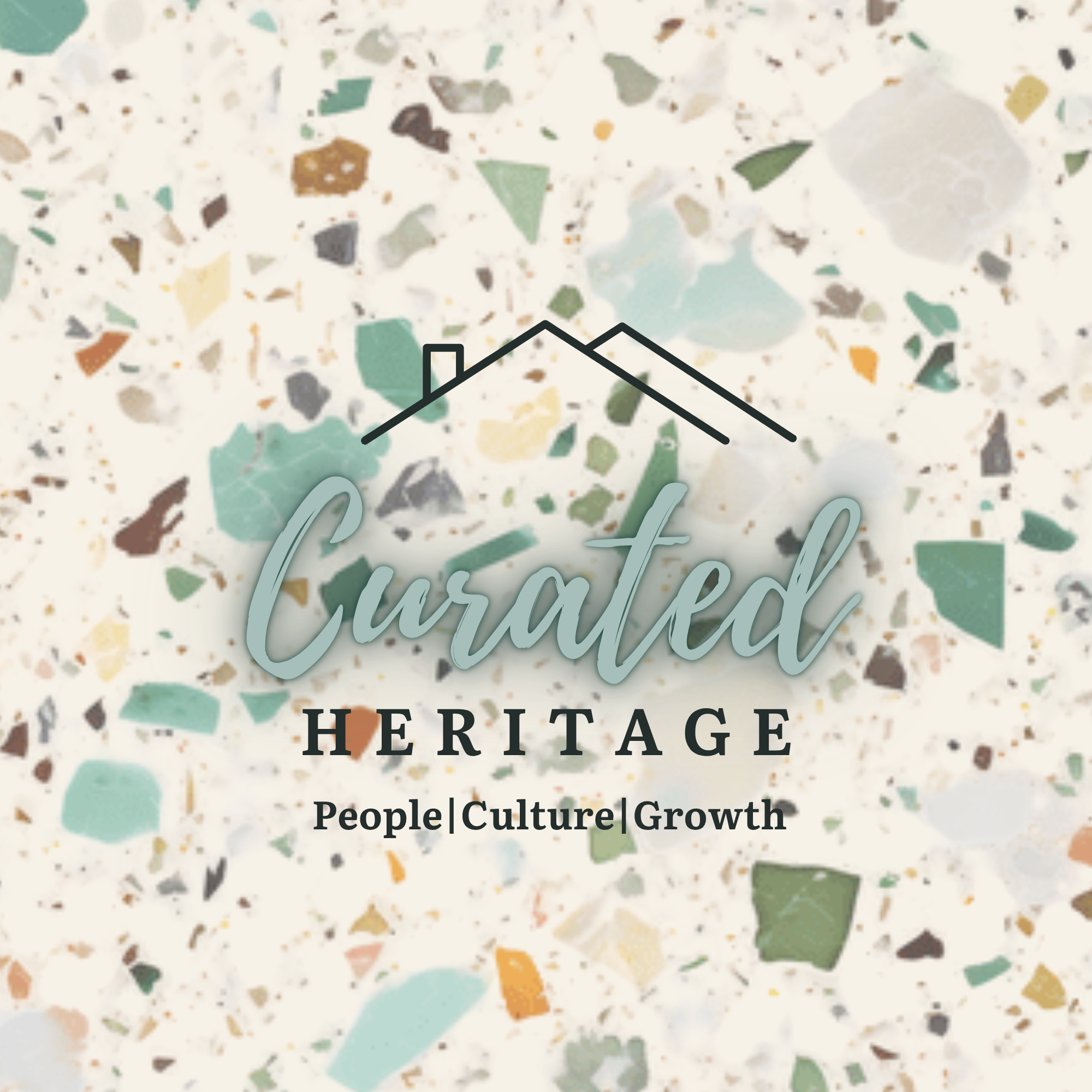 A terrazzo surface with multicolored chips and a partially visible logo with the words "Lusted Heritage" and the tags "People | Culture | Growth."