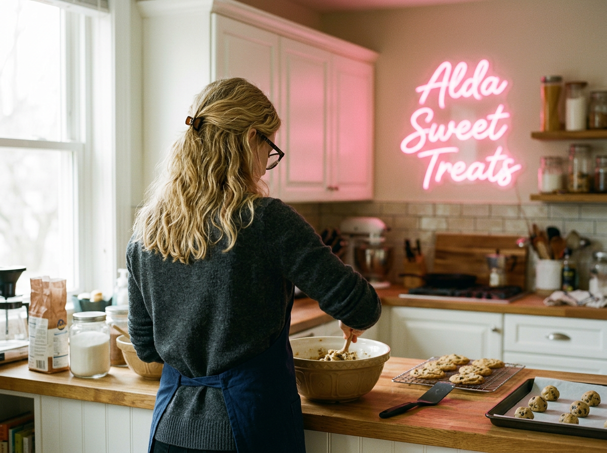 A woman with blonde, wavy hair and glasses baking cookies in a kitchen. She is stirring a mixture in a large bowl on the counter. The kitchen has white cabinets, and on the wall, there is a pink neon sign that reads 'Alda Sweet Treats.' There are baking ingredients and supplies on the counter and a tray of cookies cooling.
