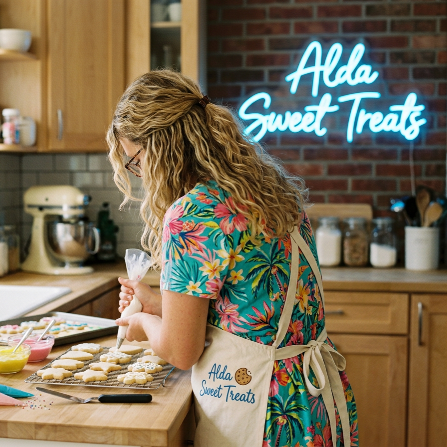 A woman decorated cookies in a kitchen with a neon sign that says 'Alda Sweet Treats' in the background.