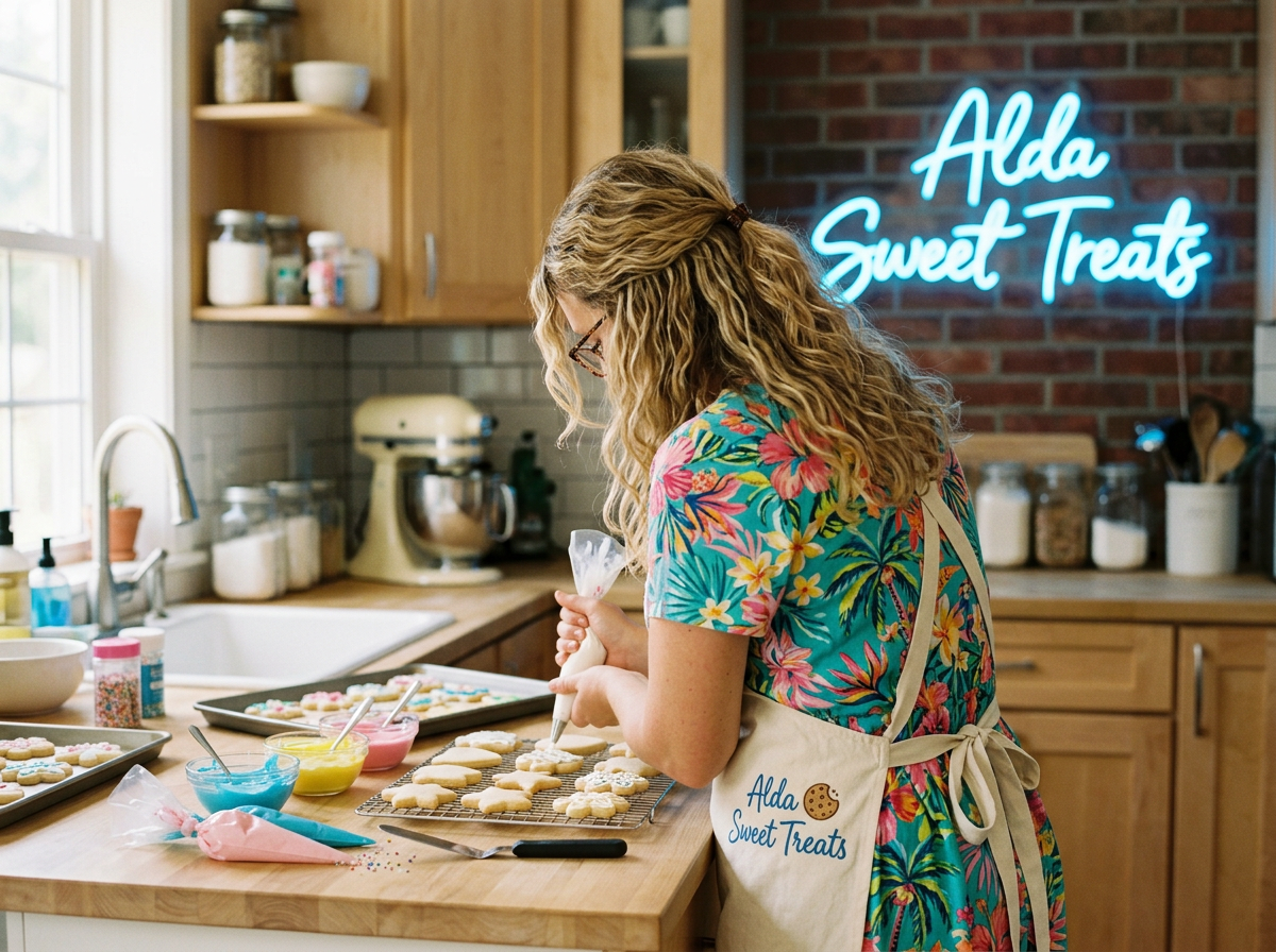 A woman decorating cookies in a kitchen. She is wearing a colorful floral dress and an apron with the text 'Alda Sweet Treats.' There are decorated cookies, icing, and piping bags on the counter. A bright neon sign in the background reads 'Alda Sweet Treats.'