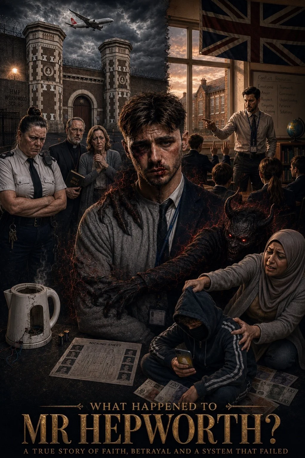 A promotional poster for the movie "What Happened to Mr. Hepworth?" showing a policeman, a woman, and a child with a frightened expression. In the foreground, a man with a bruised face and dreadlocks appears haunted, with a dark creature lurking behind him. The scene includes a prison gate, an airplane flying overhead in stormy skies, and a classroom with students and a teacher, with the room decorated with a British flag and a whiteboard with writing about conflict resolution.