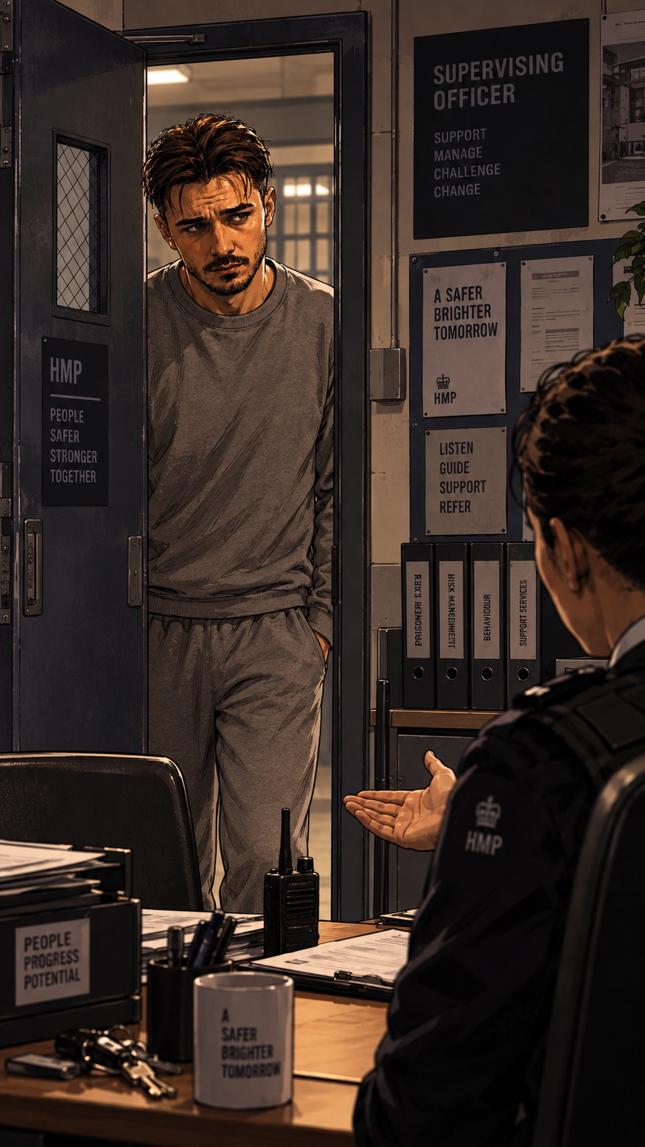 A man is standing at a prison cell door talking to a police officer inside an office. The man appears to be wearing gray casual clothing, and the police officer is seated at a desk with documents and radio equipment. Signs on the wall mention supervision, support, and safety protocols.