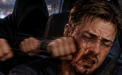 A man with a pained expression, with blood on his face, gripping a steering wheel in a dark vehicle, with a shadowy figure in the backseat.