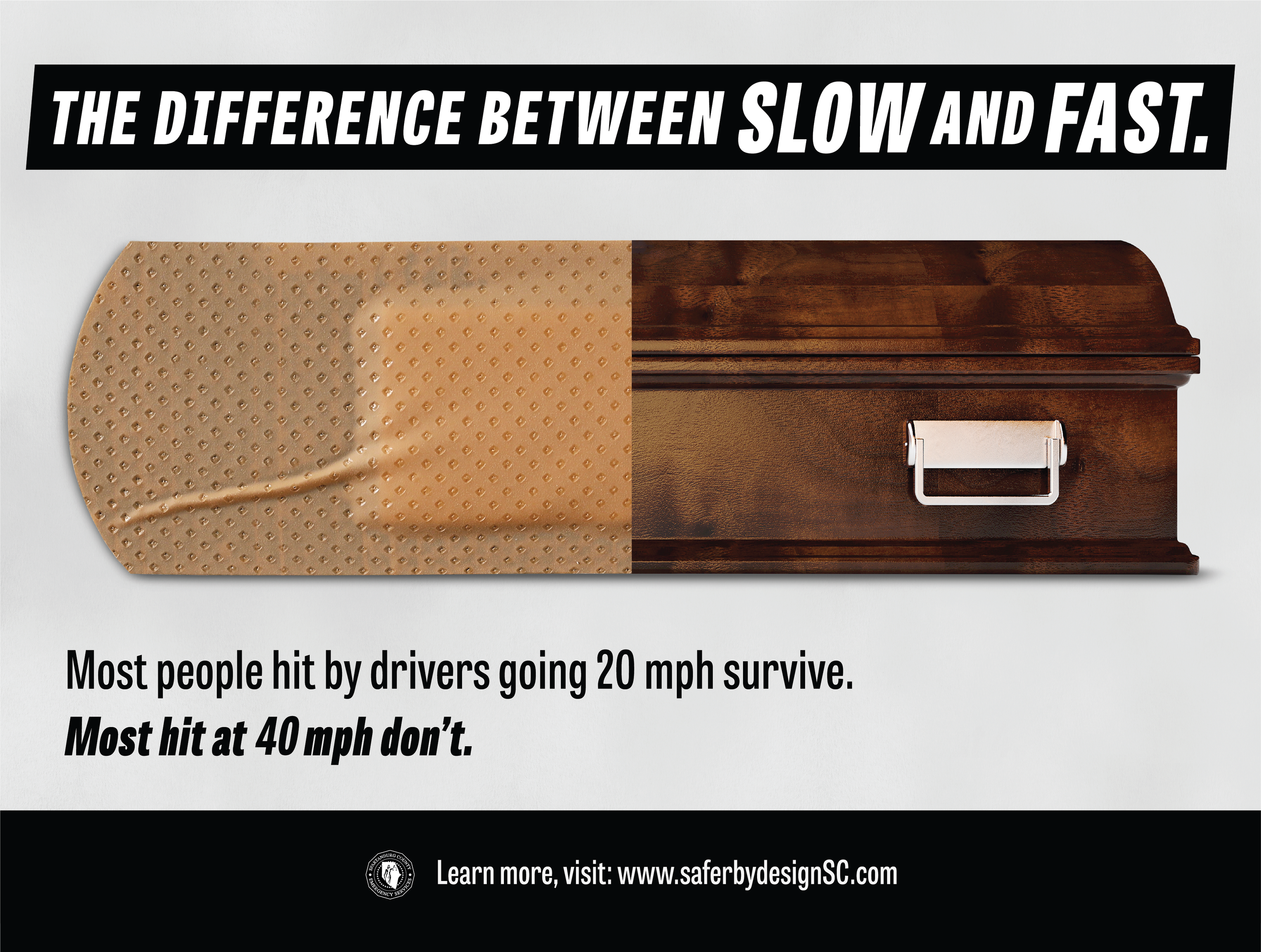 A bandage that turns into a casket. Text: The Difference Between Slow and Fast. Most people hit by drivers going 20 mph survive. Most hit at 40 mph don't.