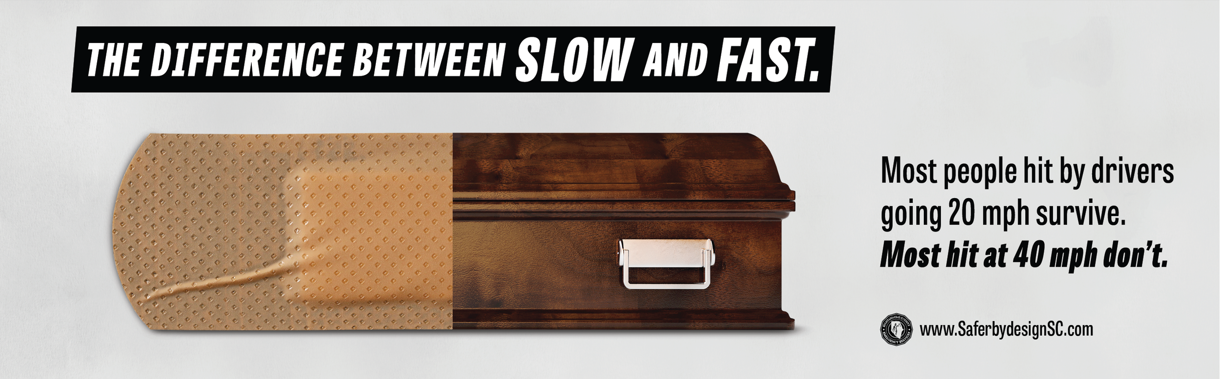 A bandage that turns into a casket. Text: The Difference Between Slow and Fast. Most people hit by drivers going 20 mph survive. Most hit at 40 mph don't.