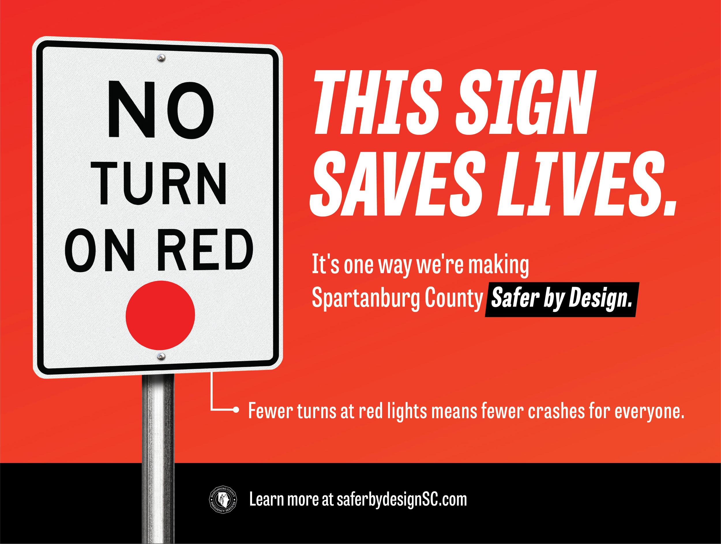 A No Turn on Red sign. Text: This Sign Saves Lives. It's one way we're making Spartanburg County Safer by Design.