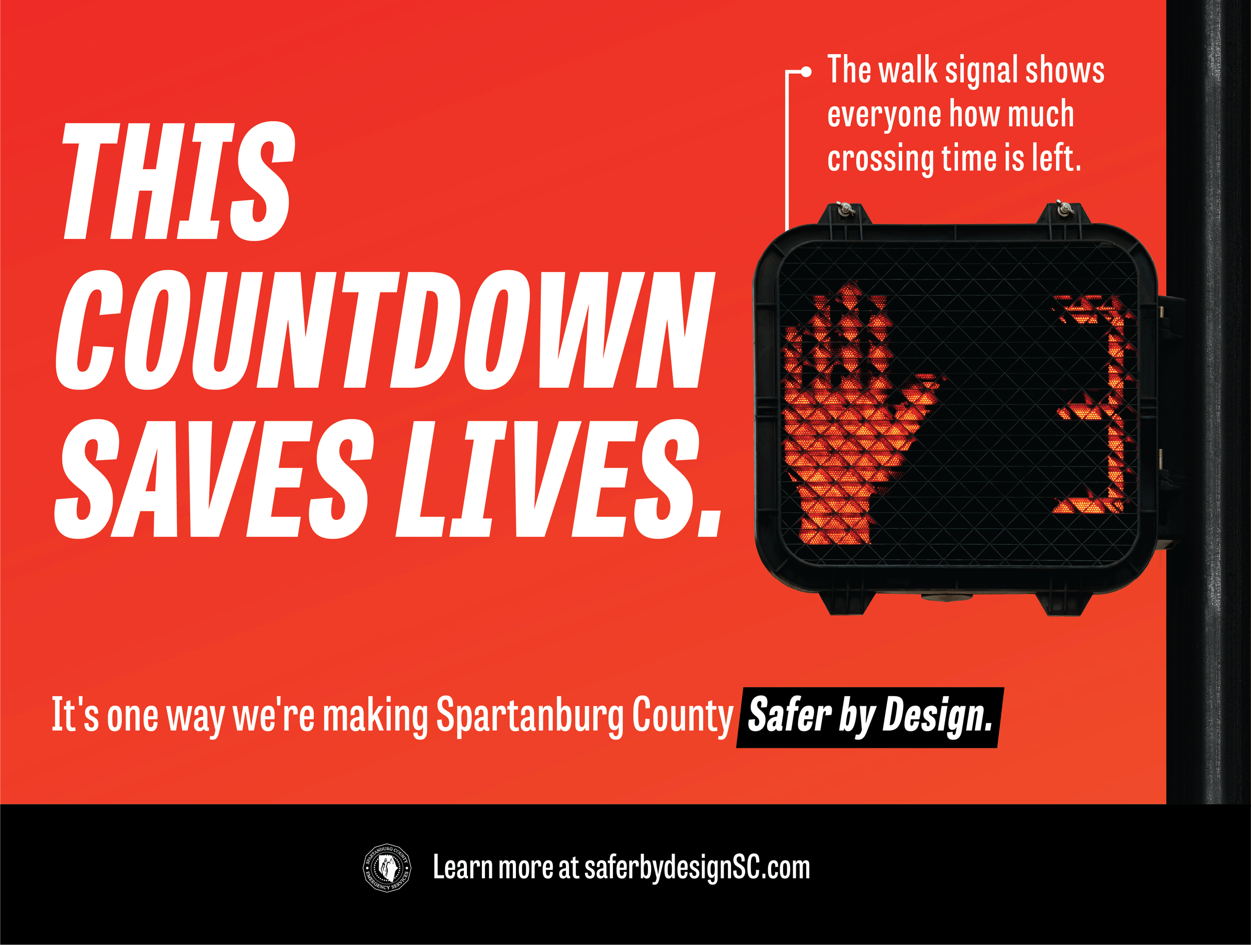A pedestrian interval countdown signal. Text: This Countdown Saves Lives. The walk signal shows everyone how much crossing time is left. It's one way we're making Spartanburg County Safer by Design.