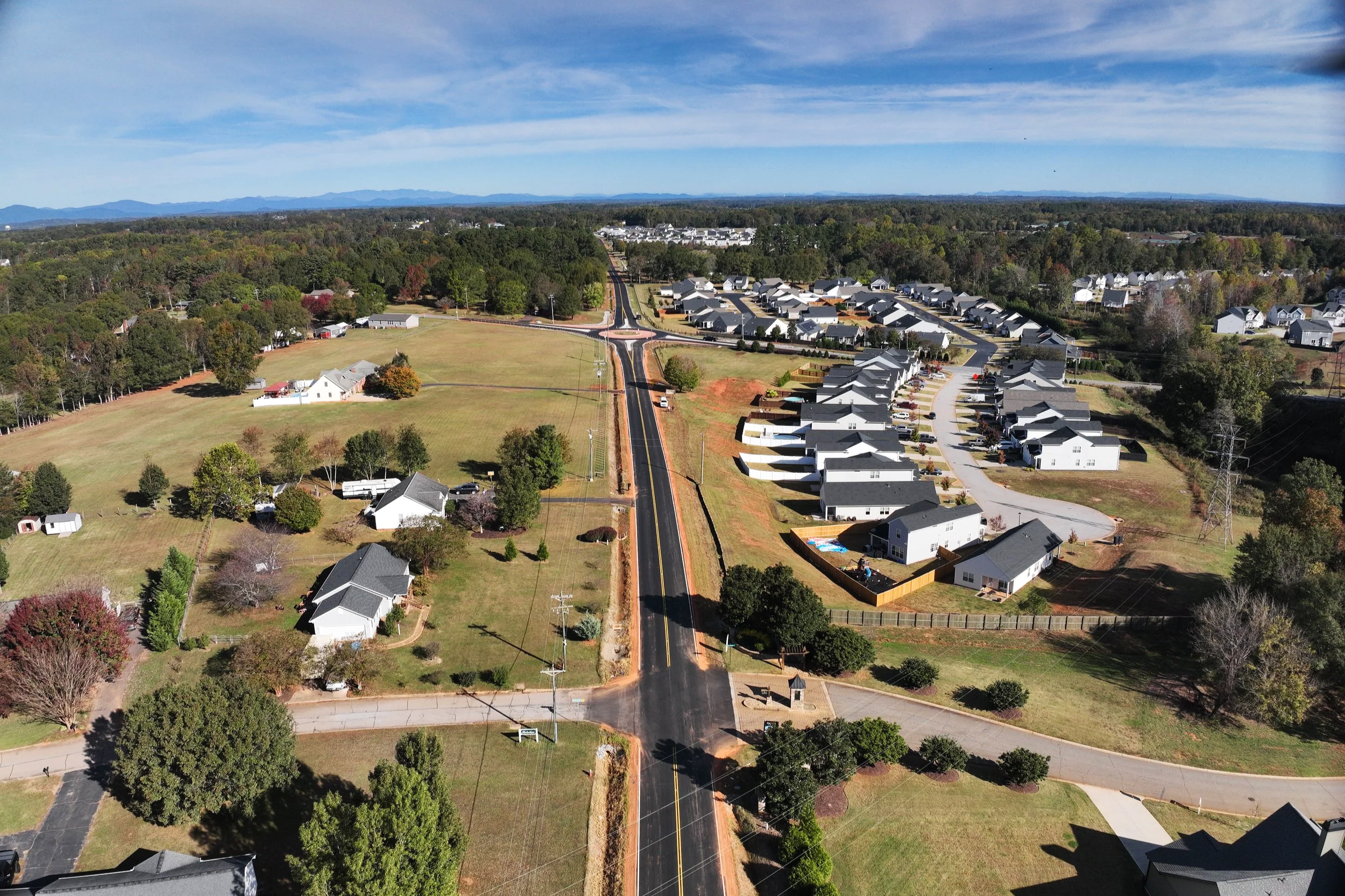 Drone image overlooking Spartanburg County road.