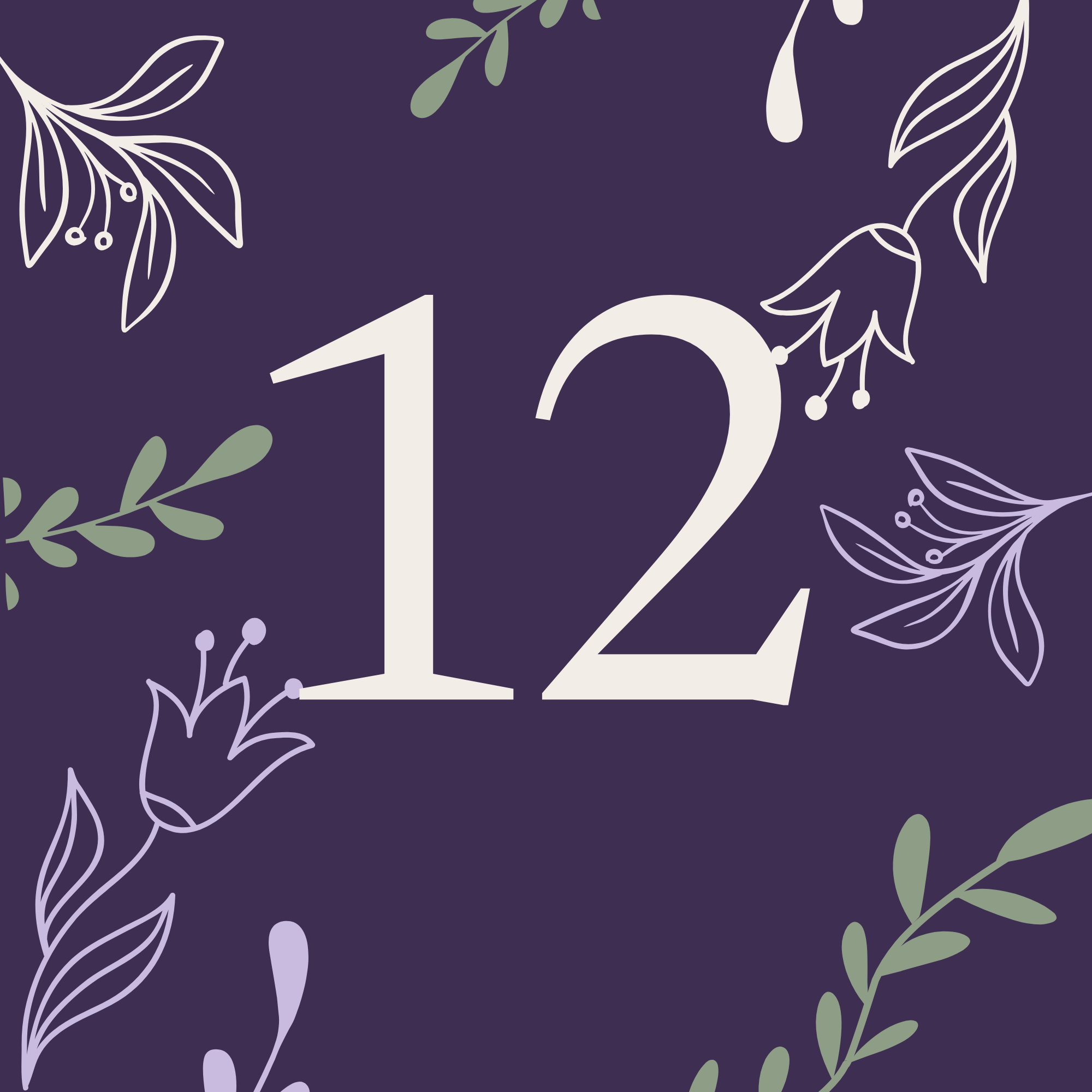 Purple background with white and green botanical line art, featuring the number 10 in the center.