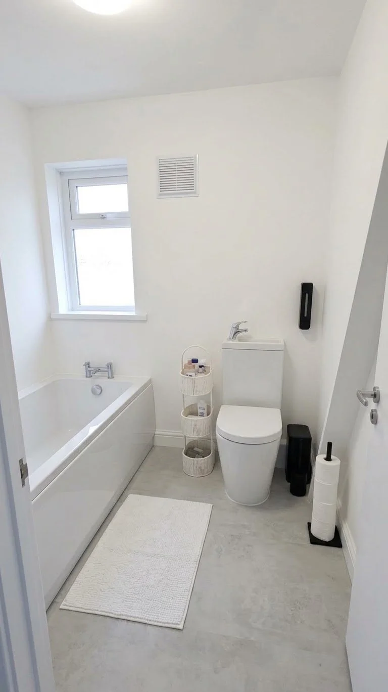 A small, clean bathroom with white walls, a bathtub, a toilet, a small window, and various bathroom accessories like a toilet paper holder and storage baskets.