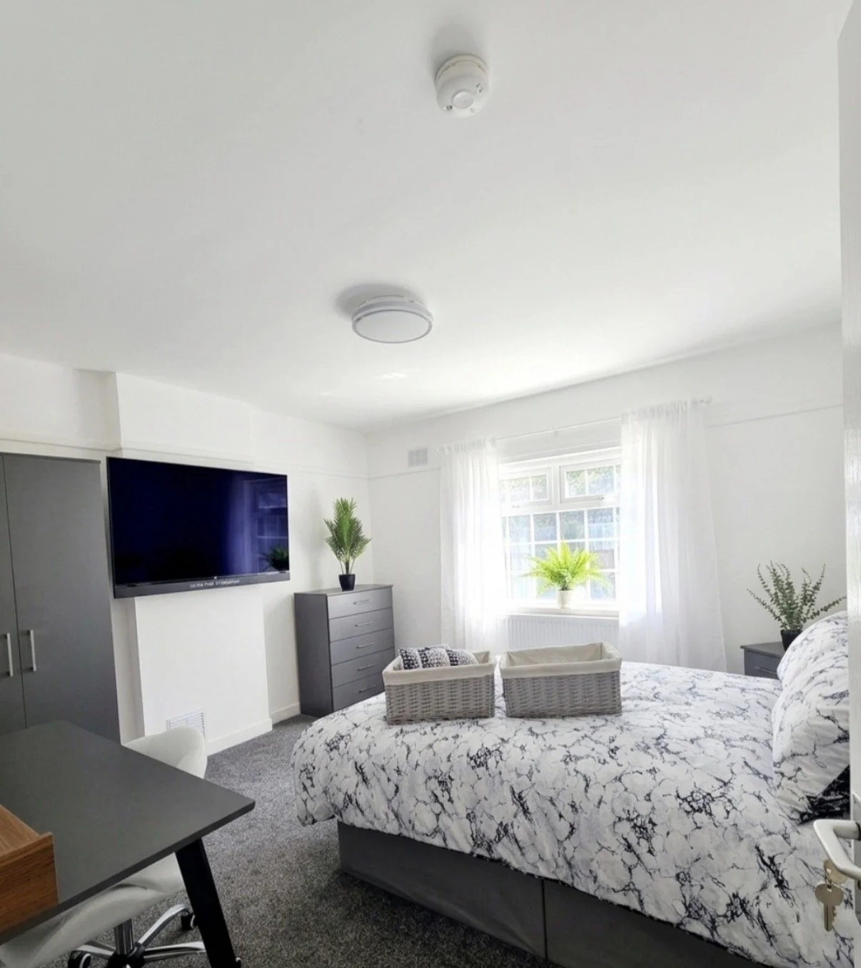 Bright bedroom with white walls and ceiling, grey furniture, a bed with a black and white patterned duvet, and potted plants near the window, with light curtains.