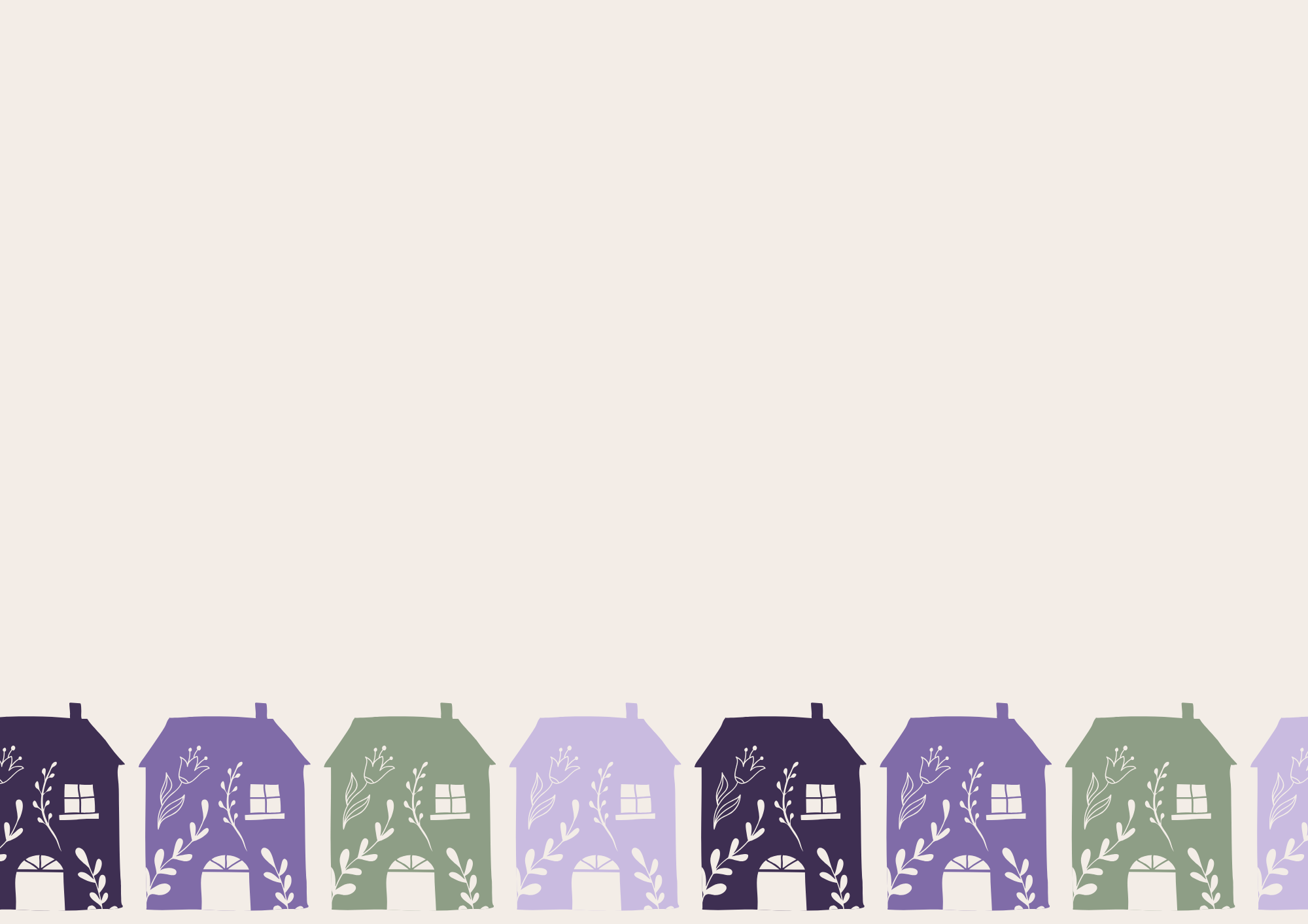 Row of colorful houses with floral patterns at the bottom of the image.