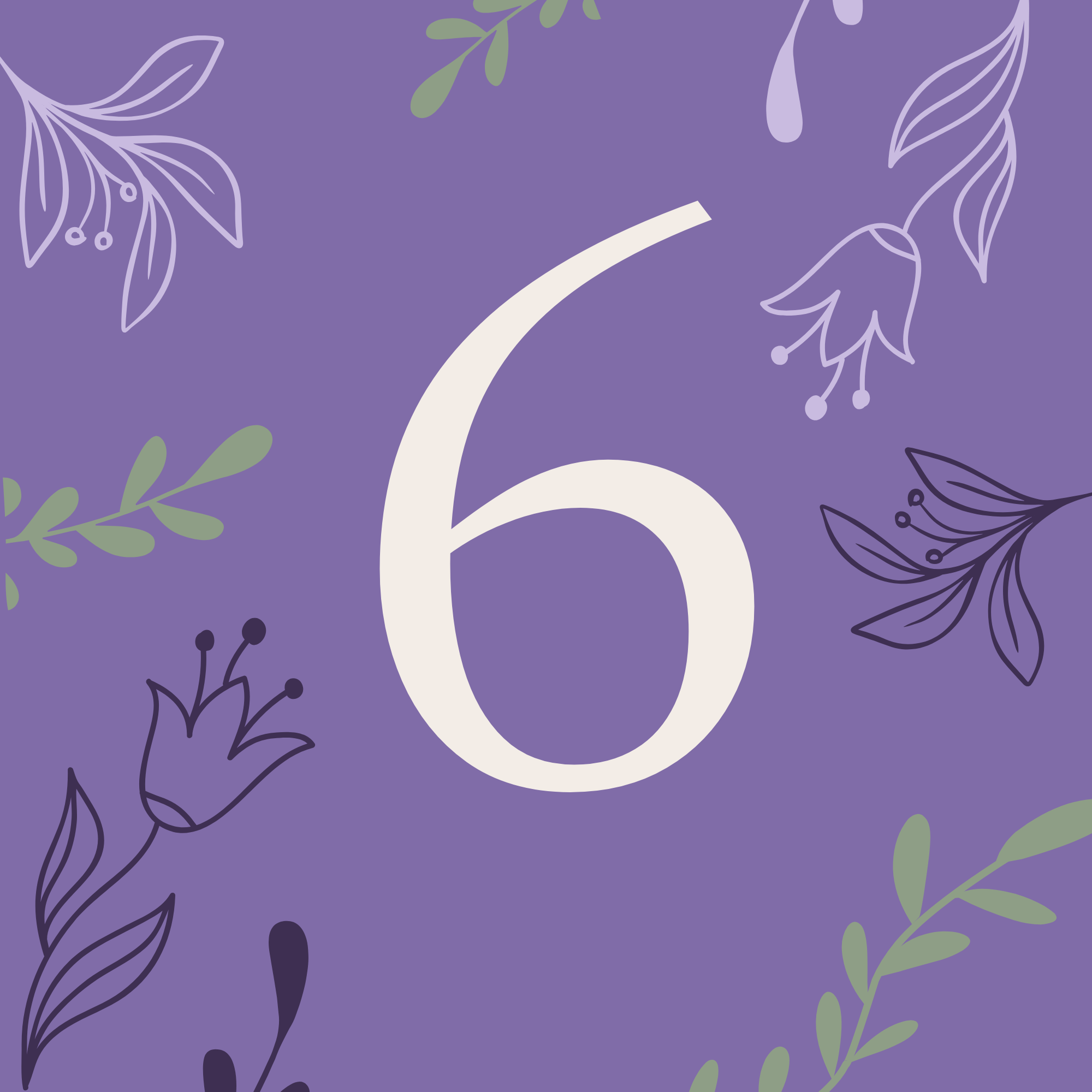 A purple background decorated with line illustrations of leaves, flowers, and berries in shades of green, purple, and black.