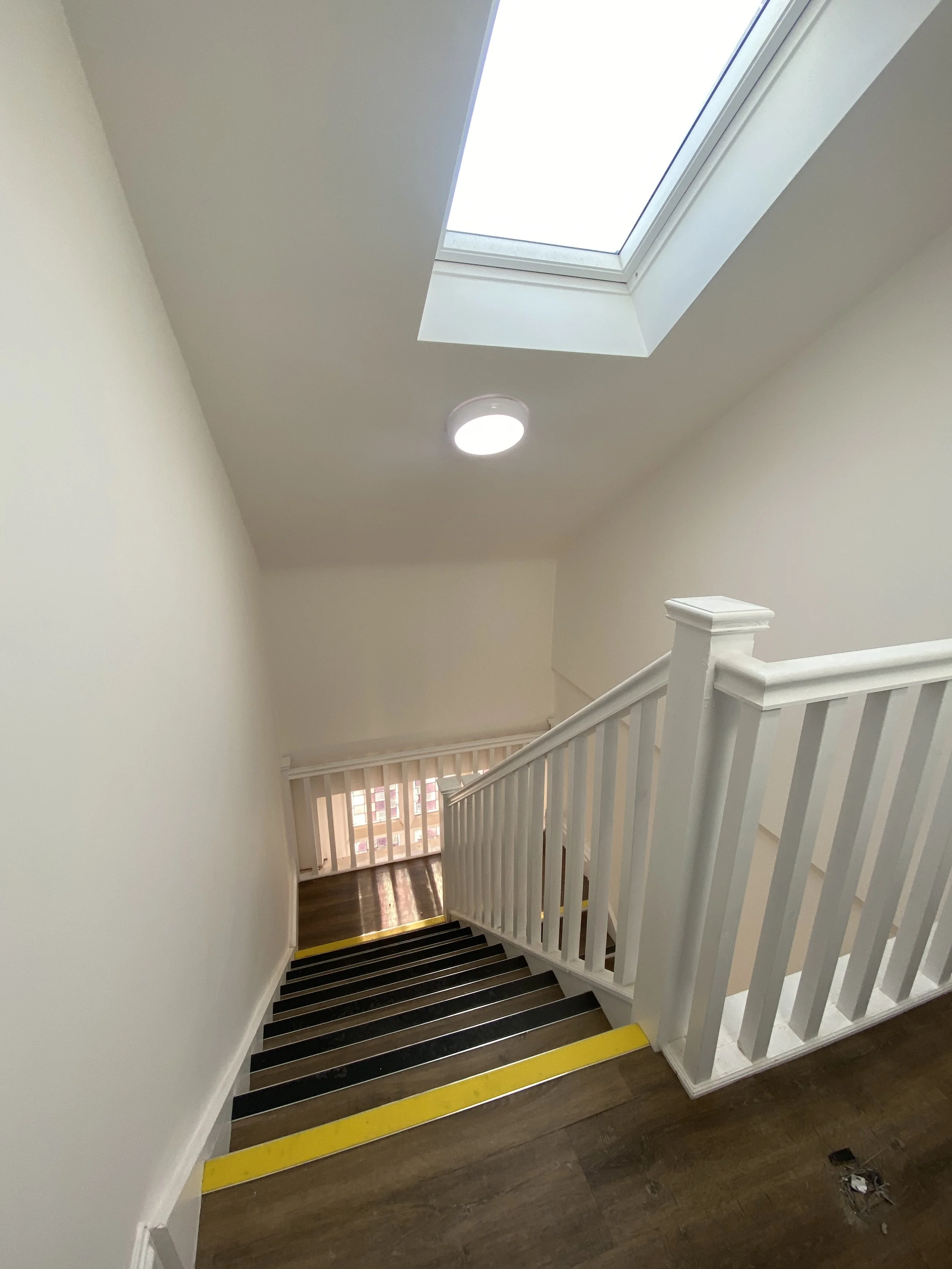 Interior view of a staircase with black steps and a white railing, leading down to a door with vertical window panes, a wooden floor, and a ceiling window letting in natural light.