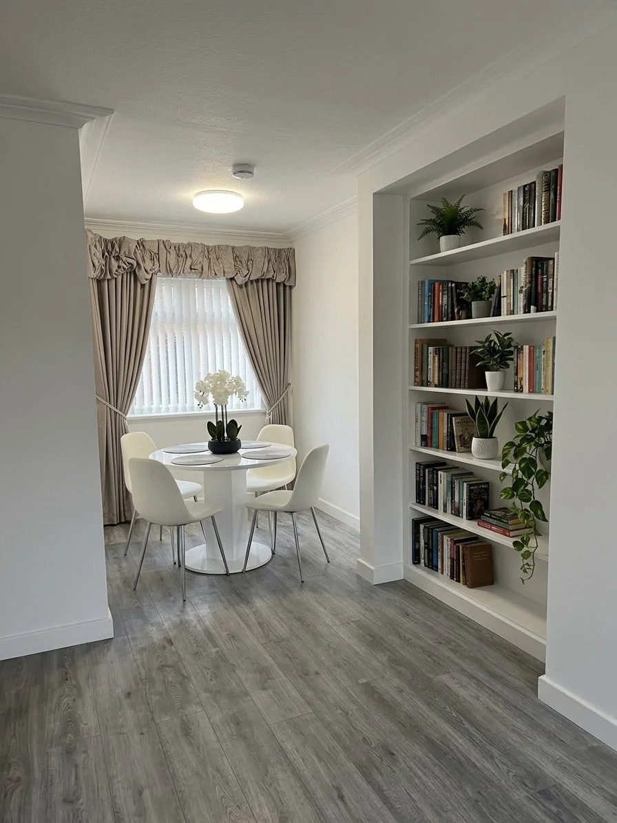 A bright dining area with a round white table, five white chairs, a vase with white flowers, beige curtains, and a built-in white bookshelf with various books and potted plants.