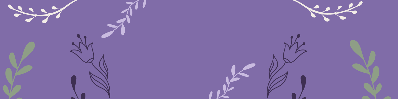 Purple background with white and purple floral patterns and leaves.