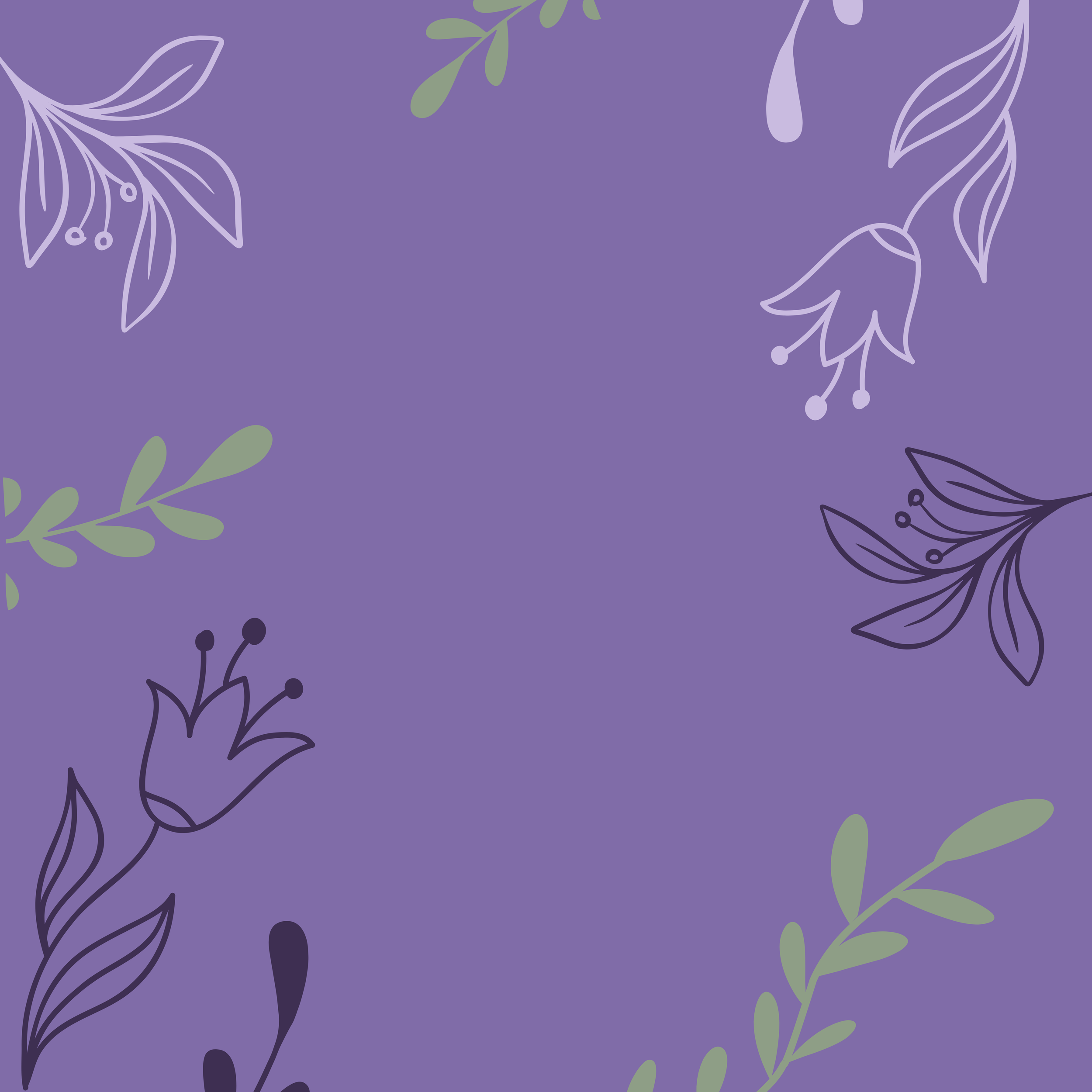 A patterned background with purple and light green botanical illustrations and line art of leaves and flowers on a purple backdrop.