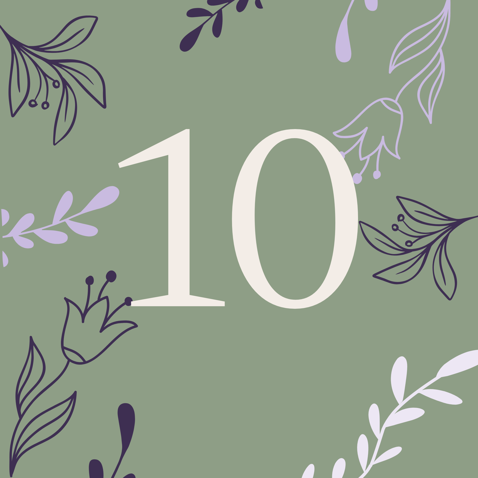 The image features a dark green background with light purple and dark purple botanical illustrations of leaves and small berries scattered around. Part of a large, white, stylized number '10' is visible in the lower center.