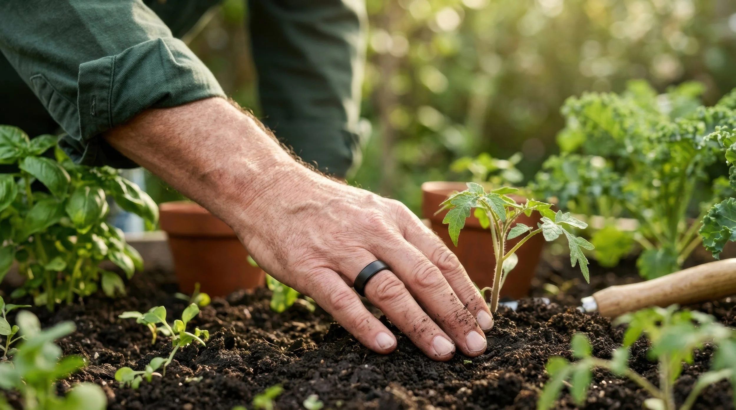 A person planting a seedling in soil in a garden, with lush green plants and potted herbs around, using their hand to gently cover the roots.