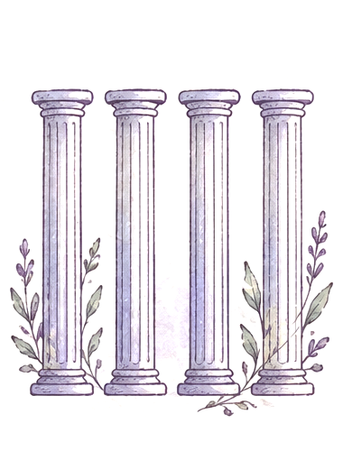 Watercolor illustration of four classical pillars with lavender sprigs