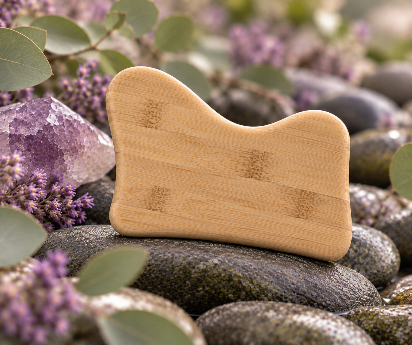 A wooden massage tools placed on black pebbles surrounded by purple flowers and green leaves.